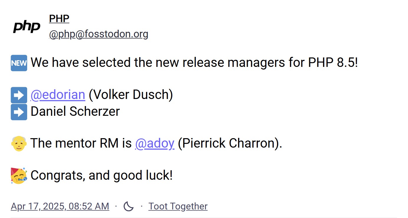 Mastodon post from @php announcing release managers
