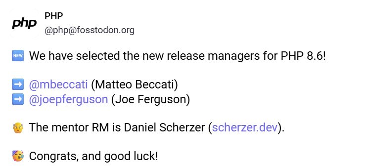 Mastodon post from @php announcing release managers